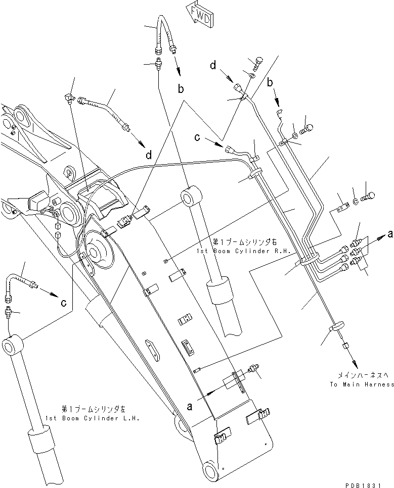Excavators Komatsu / PC200LC-6 S/N 80001-UP (Overseas Version)(pc200l2c) / BOOM (LUBRICATING LINE AND WORKING LAMP HARNESS) (2-PIECE BOOM)(360250 : T1110-04B3)