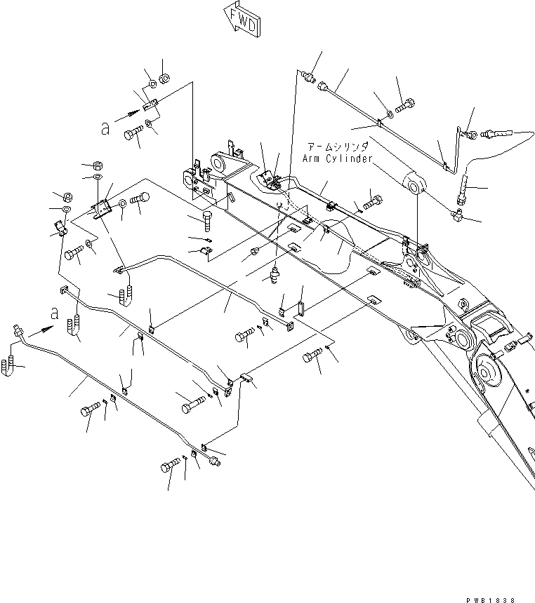 Excavators Komatsu / PC200LC-6 S/N 80001-UP (Overseas Version)(pc200l2c) / BOOM (SECOND BOOM) (BUCKET ? LUBRICATING AND ROTATION LINE) (2 PI ECE BOOM + ROTATION ARM)(360360 : T1110-08B4)