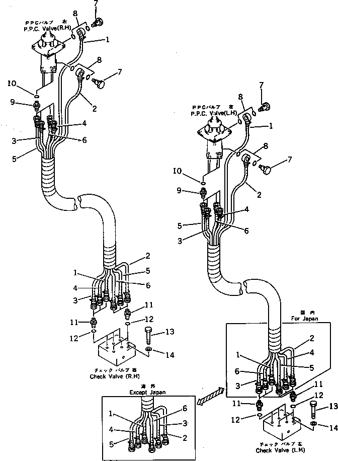 Excavators Komatsu / PC200LC-3 S/N 20001-UP(pc200l5c) / P.P.C. VALVE PIPING (1/3)(FOR WRIST CONTROL)(WITHOUT AUTO DECELERATION)(W/O SWING MECHANICAL BRAKE)(120420 : 4517)