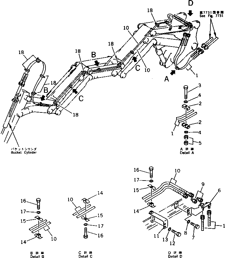 Excavators Komatsu / PC200LC-3 S/N 20001-UP(pc200l5c) / HYDRAULIC PIPING (3/3) (BUCKET CYLINDER LINE) (FOR MAGIC ARM)(211160 : 7733)
