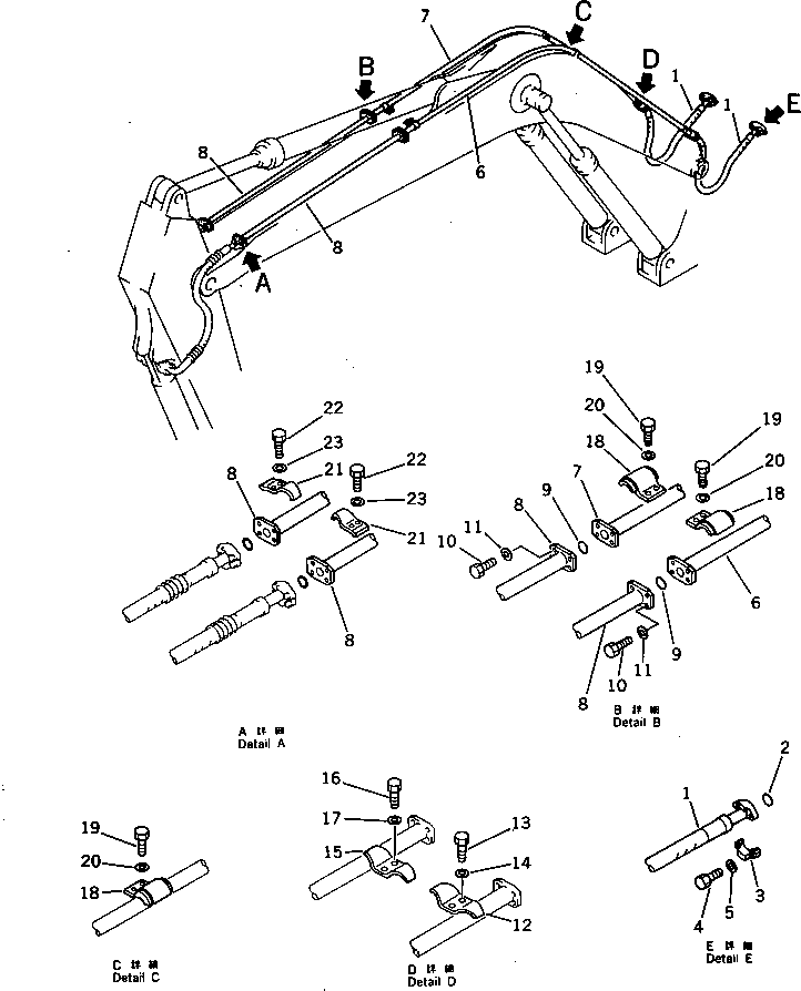 Excavators Komatsu / PC200LC-3 S/N 20001-UP(pc200l7r) / HYDRAULIC PIPING (BUCKET CYLINDER LINE) (1/2) (ATTACHMENT SIDE) (FOR 40 FEET LONG FRONT)(210580 : 7613)