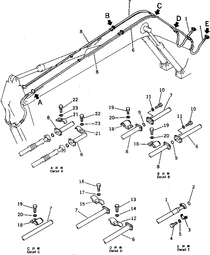 Excavators Komatsu / PC200LC-3 S/N 20001-UP(pc200l7r) / HYDRAULIC PIPING (BUCKET CYLINDER LINE) (1/2) (ATTACHMENT SIDE) (FOR 50 FEET LONG FRONT)(210730 : 7643)