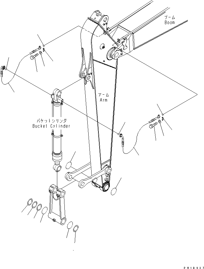 Komatsu parts book diagram for PC200LC-7-BP S/N 200001-UP: ARM (2.9M) (BUCKET CYLINDER HOSE AND SPACER)