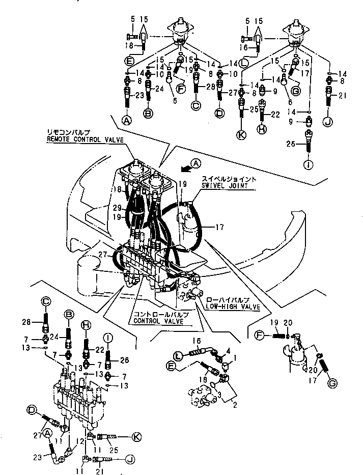 Komatsu parts book diagram for PC20FR-2 S/N 20001-UP: WORK EQUIPMENT CONTROL PIPING (MAIN LINE) (DIRECT ? PATTERN B)