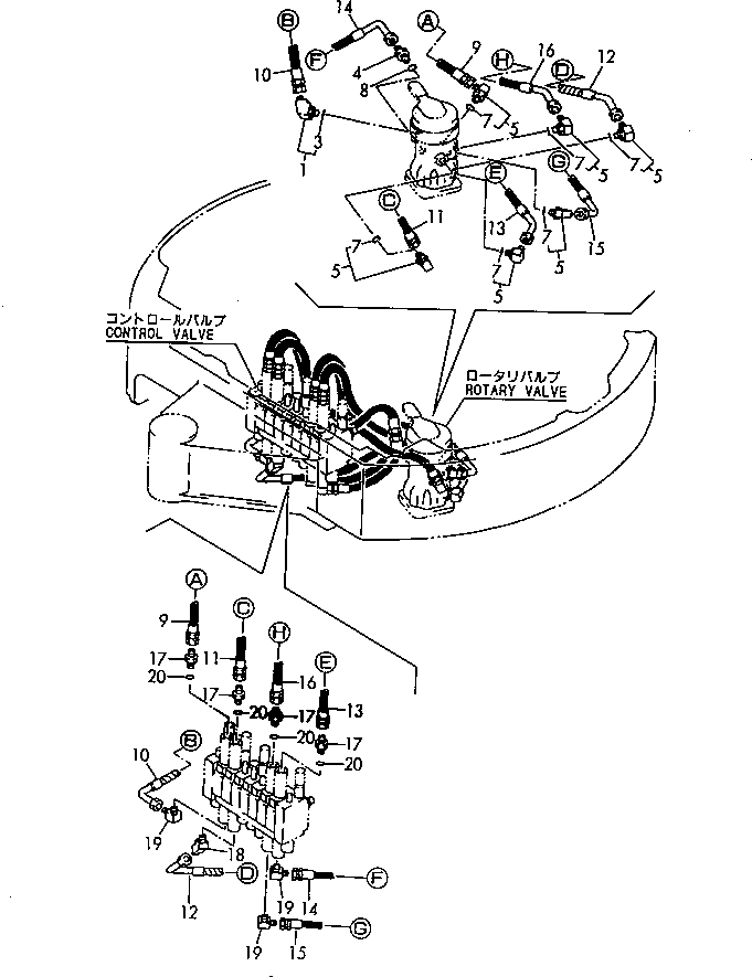 Komatsu parts book diagram for PC20FR-2 S/N 20001-UP: WORK EQUIPMENT CONTROL PIPING (ROTARY VALVE - CONTROL VALVE)