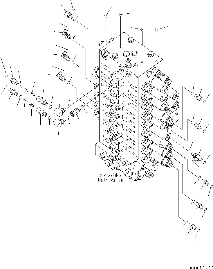Komatsu parts book diagram for PC210NLC-8K S/N K50001-UP: MAIN VALVE (CONNECTING PARTS) (1/2) (9-SPOOL) (FOR 2-PIECE BOOM, 2-ATTACHMENT)