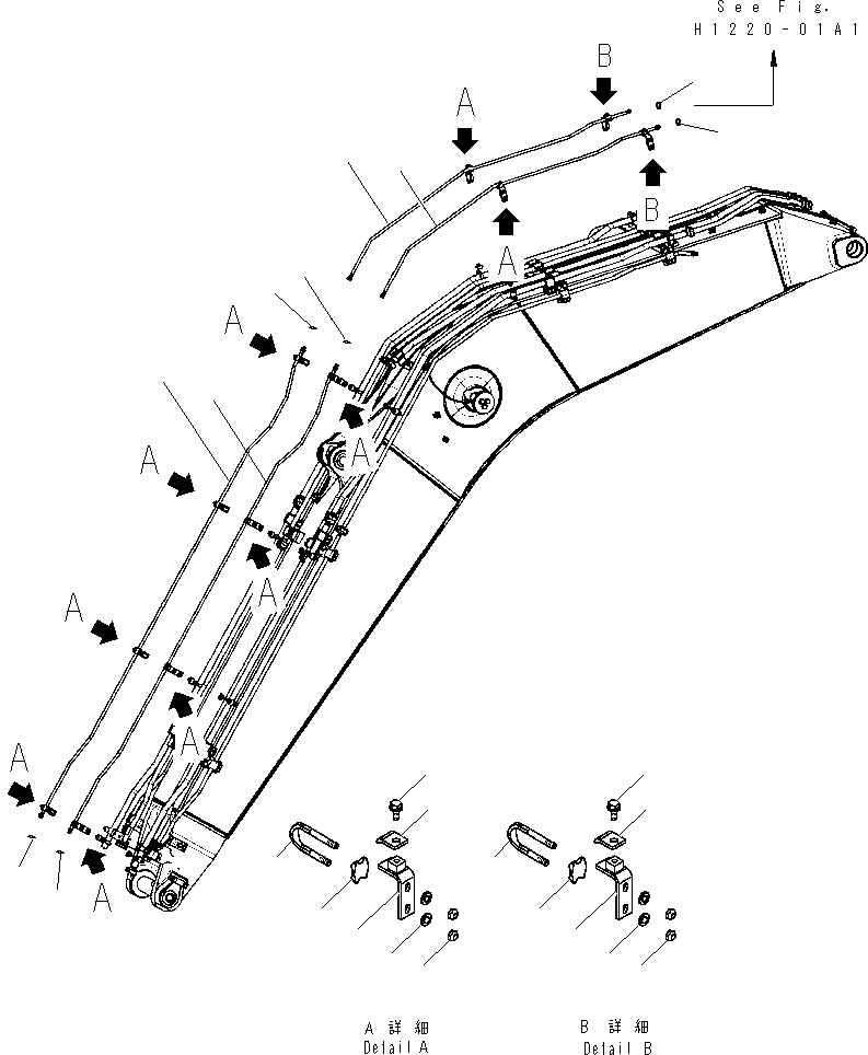 Komatsu parts book diagram for PC210NLC-8K S/N K50001-UP: BOOM (QUICK COUPLER) (PIPING) (1-PIECE BOOM)