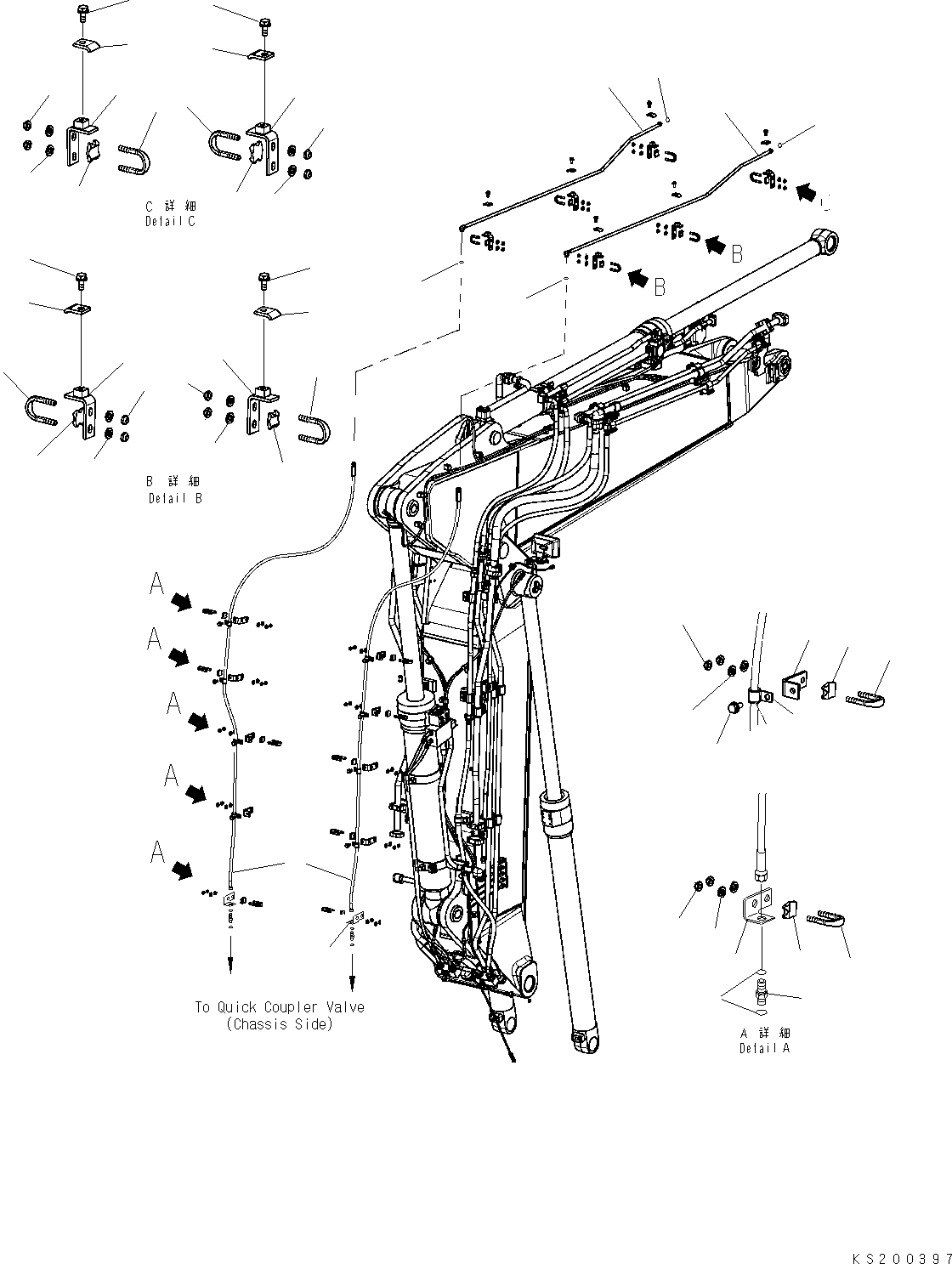 Komatsu parts book diagram for PC210NLC-8K S/N K50001-UP: 2-PIECE BOOM (QUICK COUPLER) (PIPING) (#K52275-)