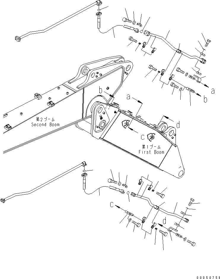 Komatsu parts book diagram for PC210NLC-8K S/N K50001-UP: 2-PIECE BOOM (1-ATTACHMENT LINE) (1/2) (FOR 2-ATTACHMENT)