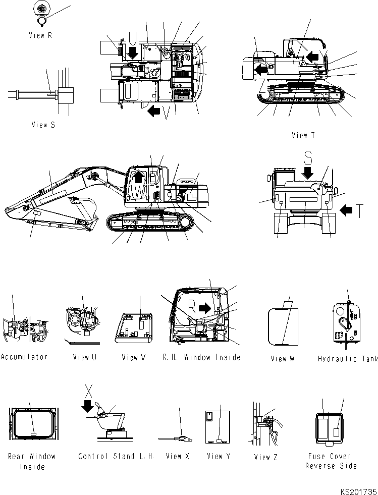 Komatsu parts book diagram for PC210NLC-8K S/N K50001-UP: MARKS AND PLATES (NLC) (FOR 1-PIECE BOOM) (#K54378-)