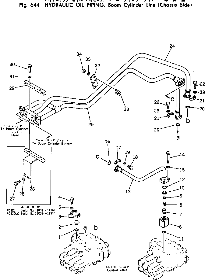 Excavators Komatsu / PC220LC-2 S/N 11001-UP(pc220l2c) / HYDRAULIC OIL PIPING ? BOOM CYLINDER LINE (CHASSIS SIDE)(180380 : 644)