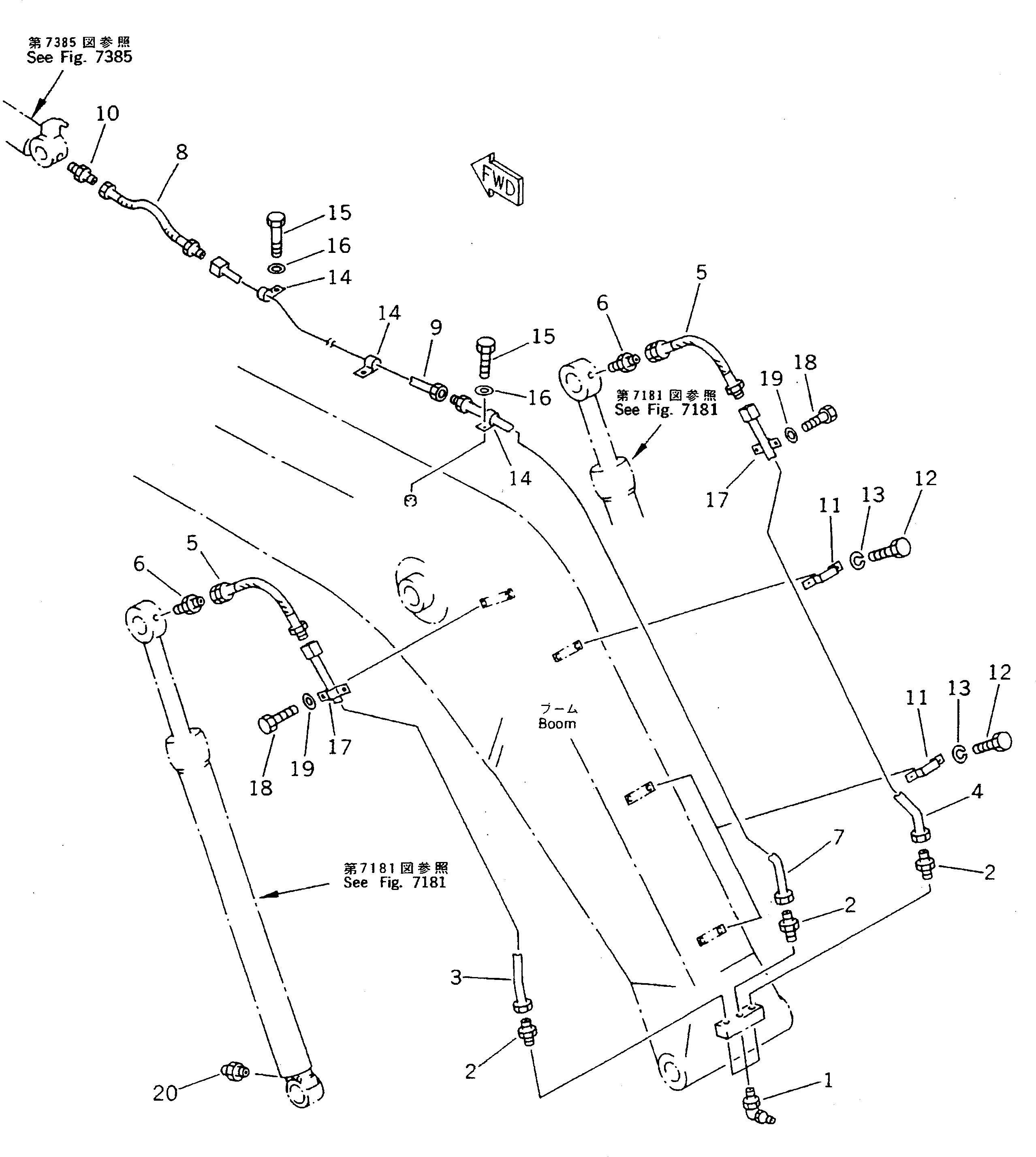 Excavators Komatsu / PC220LC-5C S/N 35001-UP (Custom Spec.)(pc220l3c) / WORK EQUIPMENT LUBRICATION PIPING (BOOM SIDE)                    (FOR 50 FEET LONG FRONT)(210070 : 7075)