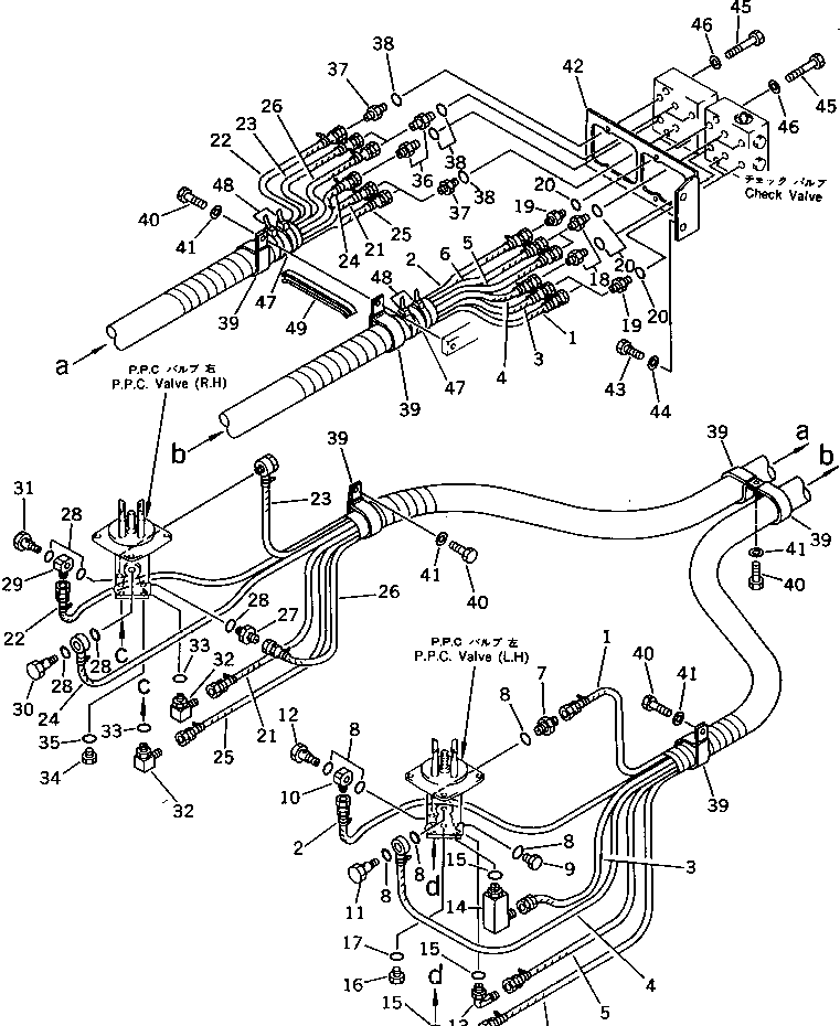 Komatsu parts book diagram for PC220LC-3 S/N 20001-UP: P.P.C. VALVE PIPING (1/3) (FOR LONG LEVER CONTROL)(#21135-)