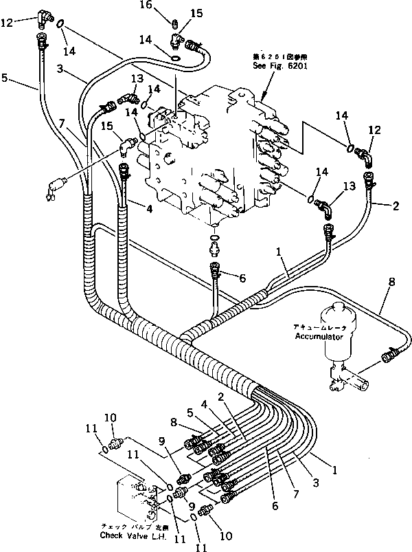 Komatsu parts book diagram for PC220LC-3 S/N 20001-UP: P.P.C. VALVE PIPING (2/3) (FOR LONG LEVER CONTROL)(#21191-)
