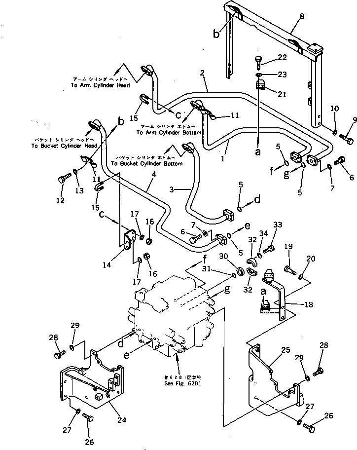 Komatsu parts book diagram for PC220LC-3 S/N 20001-UP: HYDRAULIC PIPING (ARM ? BUCKET CYLINDER LINE) (CHASSIS SIDE)(#20001-21134)