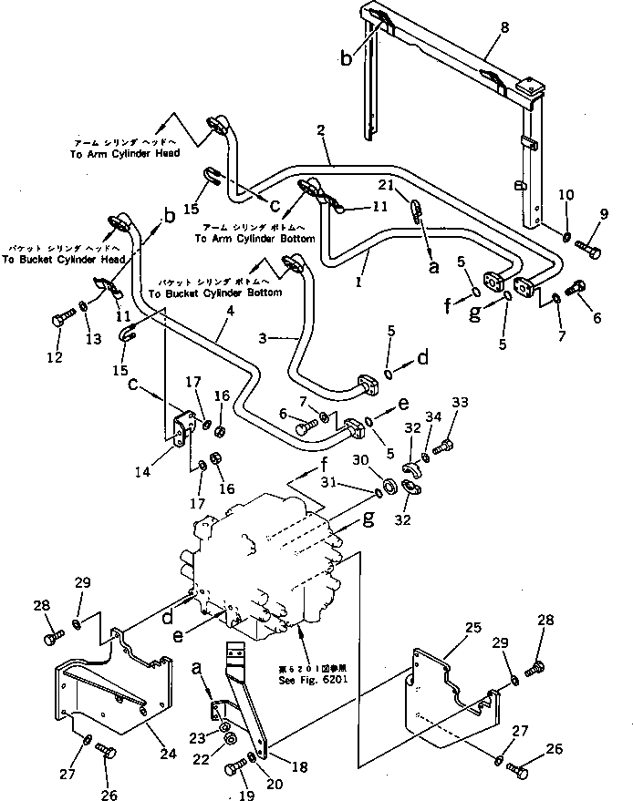 Komatsu parts book diagram for PC220LC-3 S/N 20001-UP: HYDRAULIC PIPING (ARM ? BUCKET CYLINDER LINE) (CHASSIS SIDE)(#21708-)