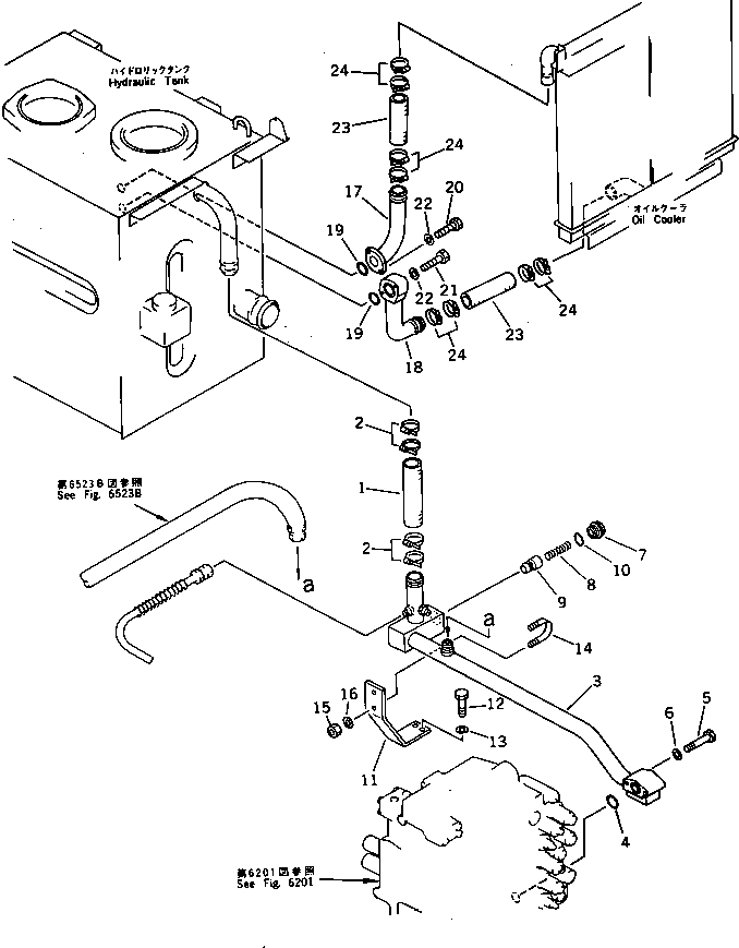 Komatsu parts book diagram for PC220LC-3 S/N 20001-UP: HYDRAULIC PIPING (RETURN AND OIL COOLER) (WITH AUTO DECELERATION ? SWING MECHANICAL BRAKE)(#23624-)