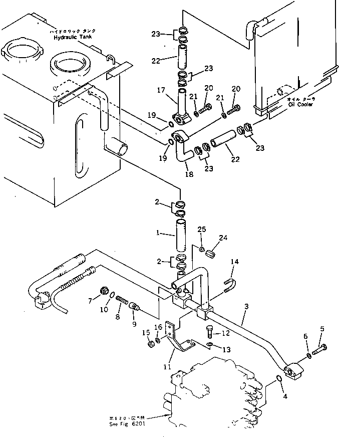 Komatsu parts book diagram for PC220LC-3 S/N 20001-UP: HYDRAULIC PIPING (RETURN AND OIL COOLER) (WITHOUT AUTO DECELERATION ? SWING MECHANICAL BRAKE)(#20001-20214)