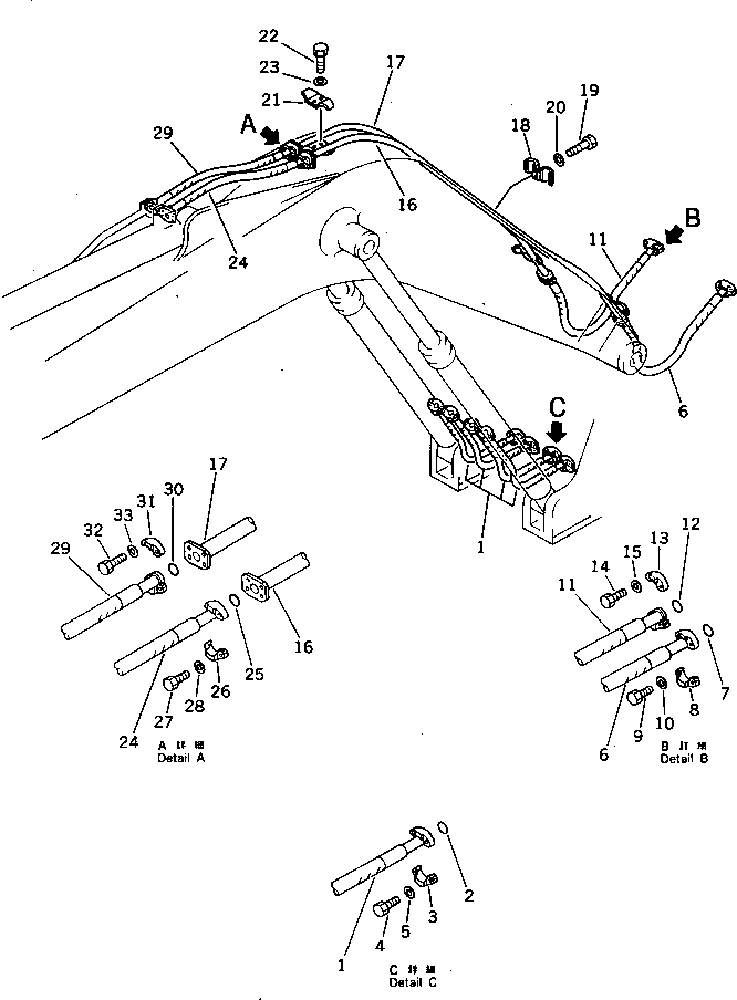 Komatsu parts book diagram for PC220LC-3 S/N 20001-UP: HYDRAULIC PIPING (BOOM AND ARM CYLINDER LINE) (ATTACHMENT SIDE) (FOR 40 FEET LONG FRONT)