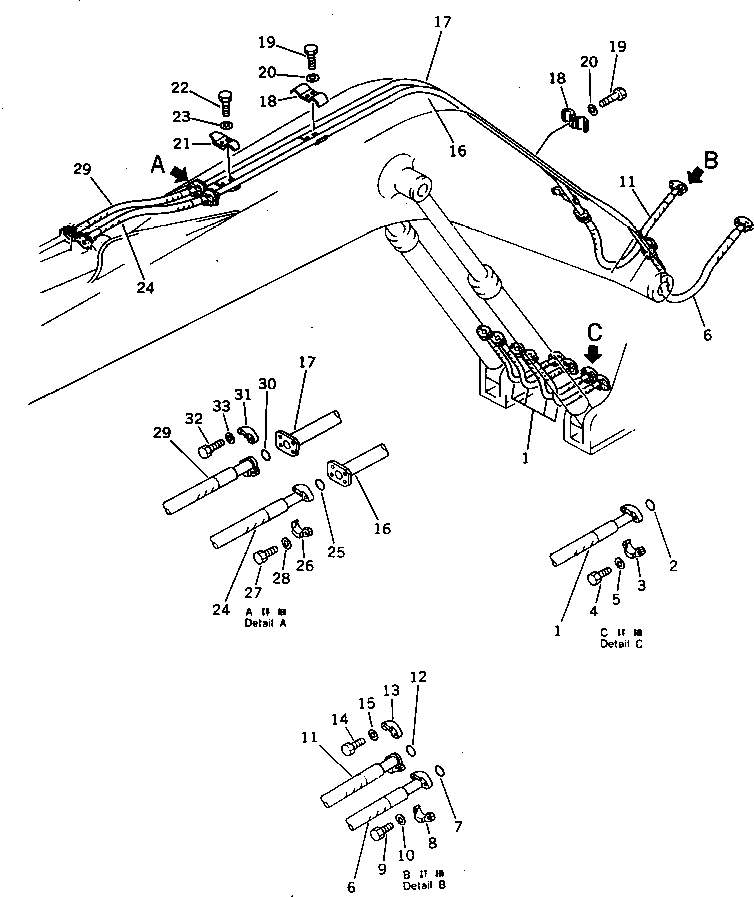 Komatsu parts book diagram for PC220LC-3 S/N 20001-UP: HYDRAULIC PIPING (BOOM AND ARM CYLINDER LINE) (ATTACHMENT SIDE) (FOR 60 FEET LONG FRONT)