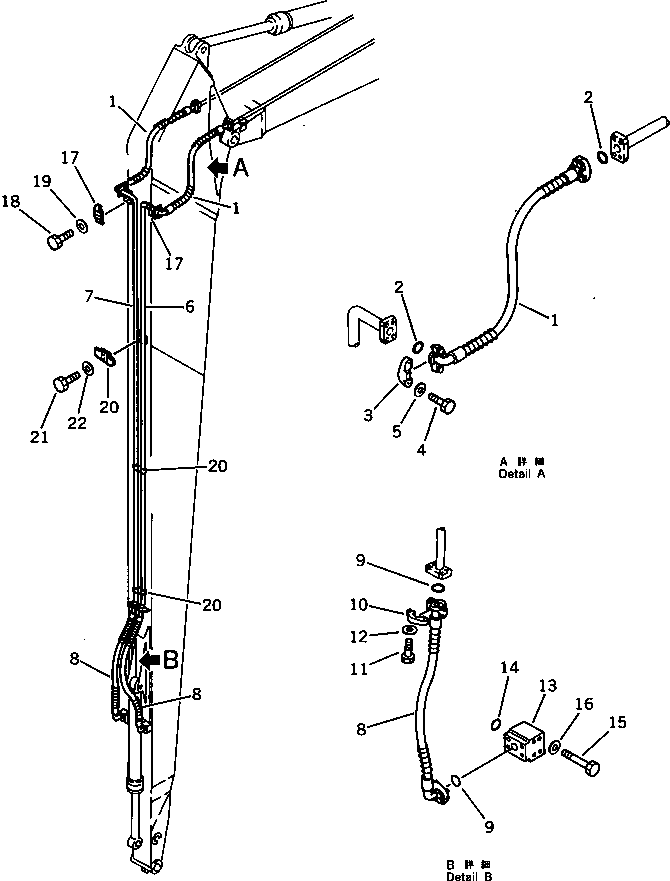 Komatsu parts book diagram for PC220LC-3 S/N 20001-UP: HYDRAULIC PIPING (BUCKET CYLINDER LINE) (2/2) (ATTACHMENT SIDE) (FOR 60 FEET LONG FRONT)