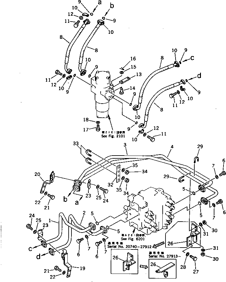 Komatsu parts book diagram for PC220LC-3 S/N 20001-UP: HYDRAULIC PIPING (CONTROL VALVE TO/FROM SWIVEL JOINT)