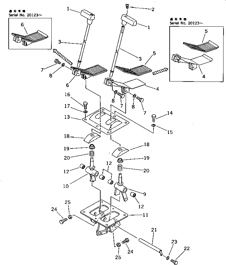 Komatsu parts book diagram for PC220LC-3 S/N 20001-UP: TRAVEL CONTROL LEVER AND LINKAGE (1/2) (FOR WRIST CONTROL)       (WITHOUT AUTO DECELERATION)(#20001-21190)