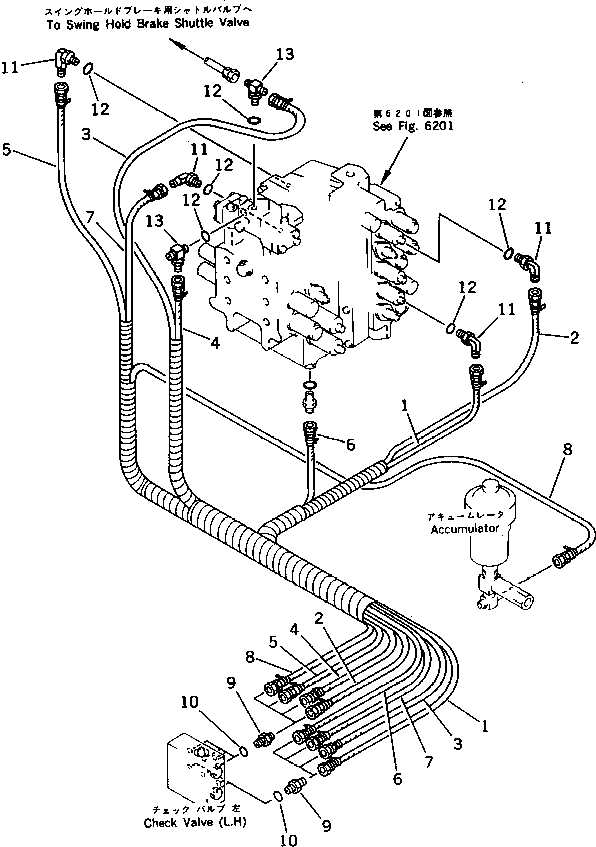 Komatsu parts book diagram for PC220LC-3 S/N 20001-UP: P.P.C. VALVE PIPING (2/3) (FOR LONG LEVER CONTROL)(#20001-21134)