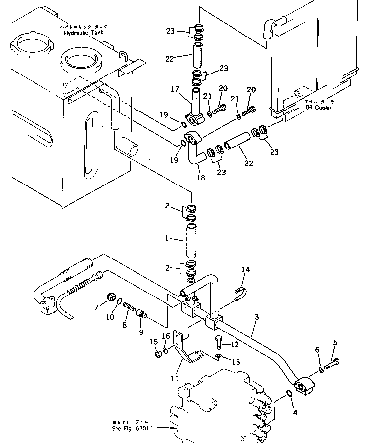 Komatsu parts book diagram for PC220LC-3 S/N 20001-UP: HYDRAULIC PIPING (RETURN AND OIL COOLER) (WITH AUTO DECELERATION ? SWING MECHANICAL BRAKE)(#20001-20214)
