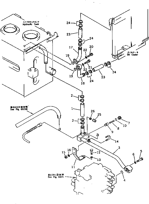 Komatsu parts book diagram for PC220LC-3 S/N 20001-UP: HYDRAULIC PIPING (RETURN AND OIL COOLER) (WITHOUT AUTO DECELERATION ? SWING MECHANICAL BRAKE)(#23624-)