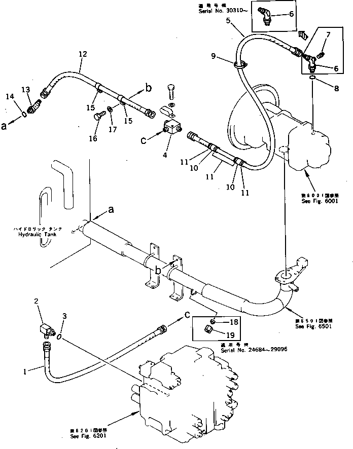 Komatsu parts book diagram for PC220LC-3 S/N 20001-UP: HYDRAULIC PIPING (DRAIN) (FOR LONG LEVER CONTROL)(#20412-)