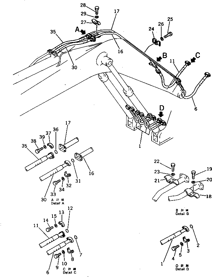 Komatsu parts book diagram for PC220LC-3 S/N 20001-UP: HYDRAULIC PIPING (BOOM AND ARM CYLINDER LINE) (ATTACHMENT SIDE)
