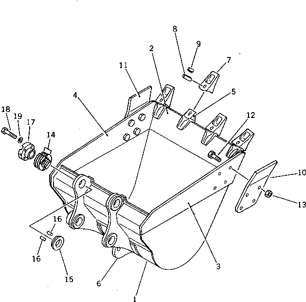 Komatsu parts book diagram for PC220LC-3 S/N 20001-UP: BUCKET ? 0.9M3 ? WIDTH 1155MM ? WITH HOOK (EXCEPT JAPAN)(#20001-20488)