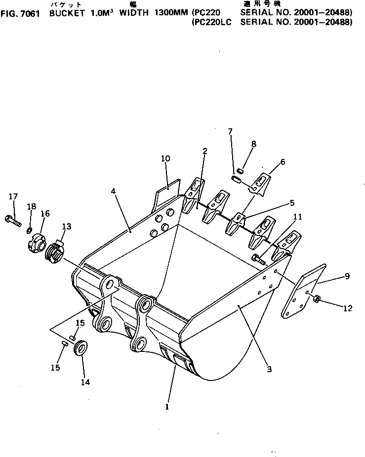 Komatsu parts book diagram for PC220LC-3 S/N 20001-UP: BUCKET ? 1.0M3 ? WIDTH 1300MM(#20001-20488)