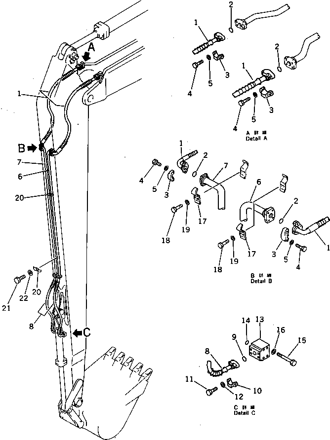 Komatsu parts book diagram for PC220LC-3 S/N 20001-UP: HYDRAULIC PIPING (BUCKET CYLINDER LINE) (2/2) (ATTACHMENT SIDE) (FOR 50 FEET LONG FRONT)