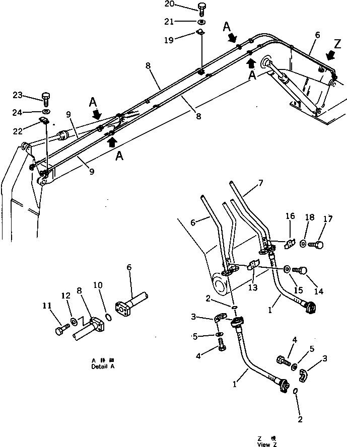 Komatsu parts book diagram for PC220LC-3 S/N 20001-UP: HYDRAULIC PIPING (BUCKET CYLINDER LINE) (1/2) (ATTACHMENT SIDE) (FOR 60 FEET LONG FRONT)