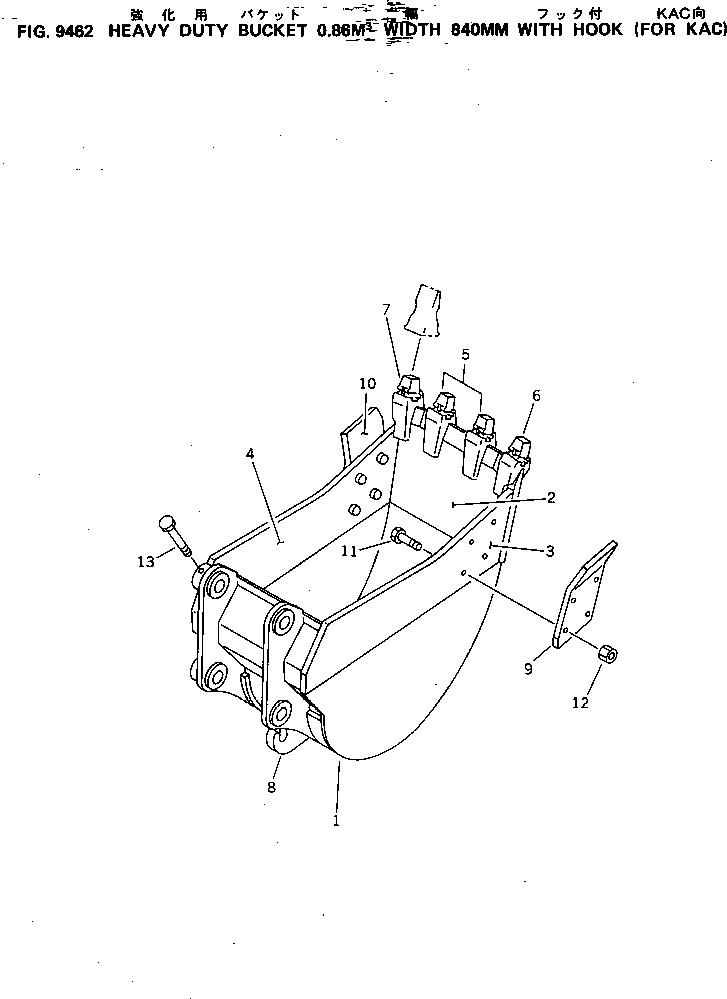 Komatsu parts book diagram for PC220LC-3 S/N 20001-UP: BUCKET 0.86M3 WIDTH 840MM WITH HOOK (FOR KAC)