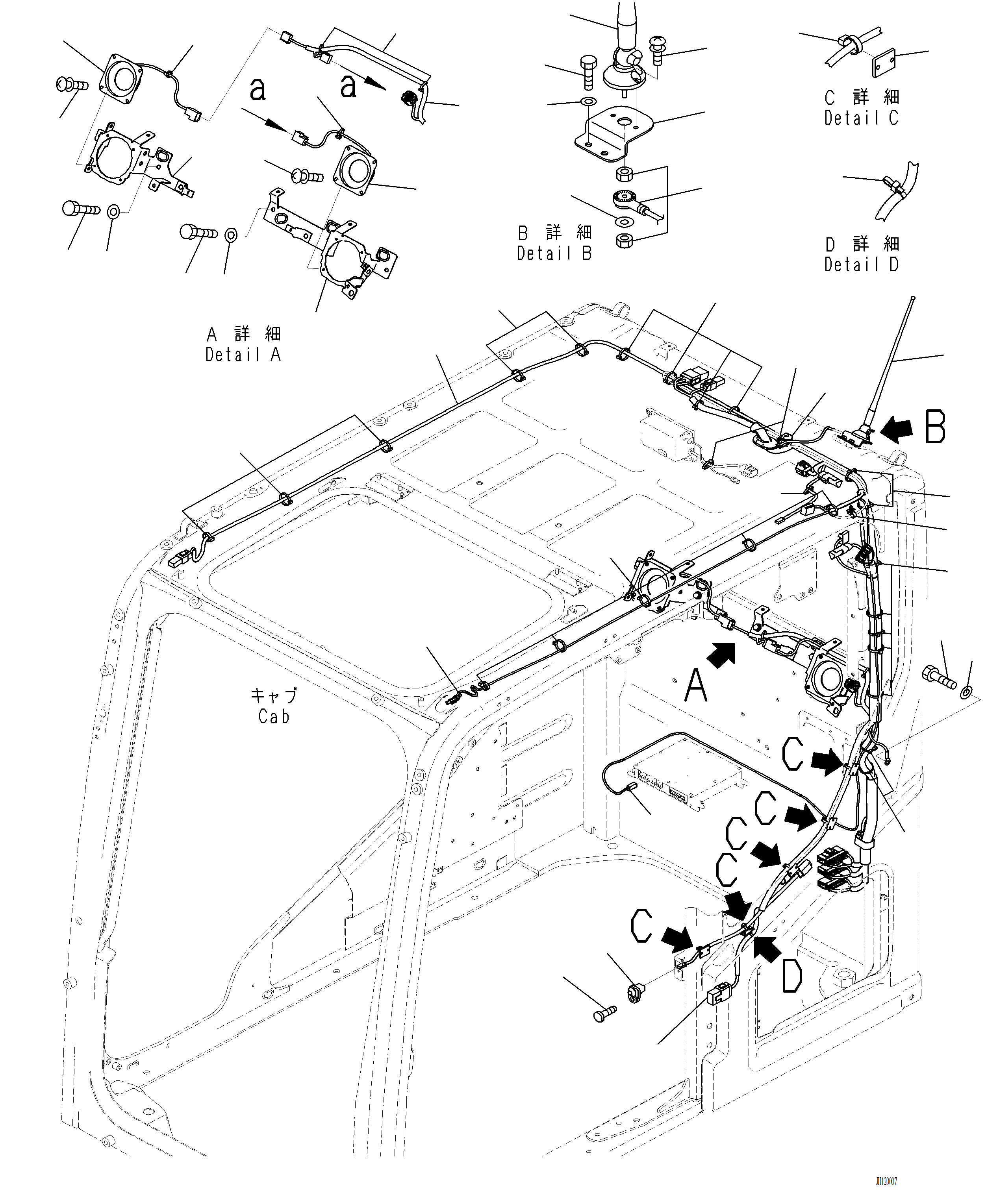 Komatsu parts book diagram for PC220LCi-12 S/N A15001: K1111-001010 CAB RUBBER ANTENNA AND SPEAKER