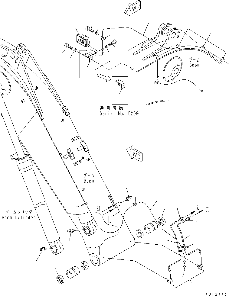 Komatsu parts book diagram for PC228USLC-2J S/N 15001-UP (For KUK / Chassis only): MONO-BOOM (5.7M) (WORKING LAMP AND BOOM FOOT LUBRICATING) (HEAVY DUTY)