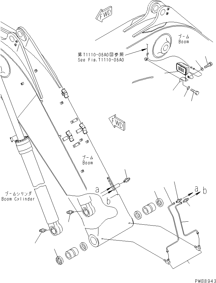 Komatsu parts book diagram for PC228US-1T S/N 11001-UP (For Formosa): MONO-BOOM (WORKING LAMP AND BOOM FOOT LUBRICATING)