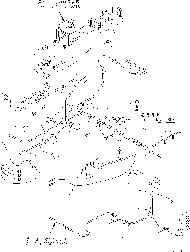 Excavators Komatsu / PC228US-1-TN S/N 11001-UP(pc228u6r) / FLOOR FRAME (WIRING) (TUNNEL SPEC.) (WITH CAB)(#11001-11255)(210560 : K1110-11B0A)
