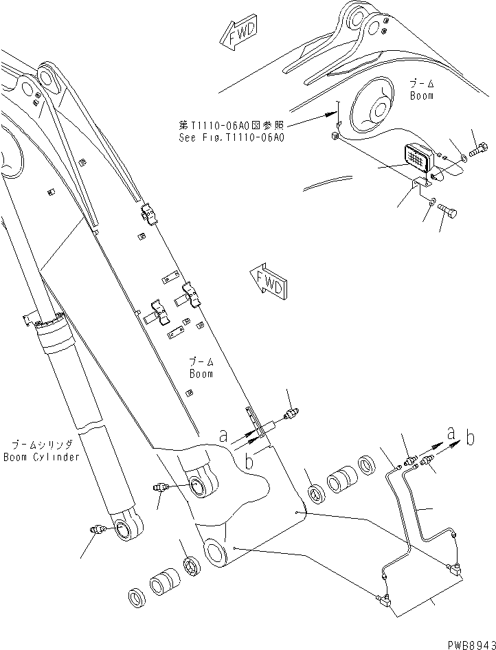 Excavators Komatsu / PC228US-1-TN S/N 11001-UP(pc228u6r) / MONO-BOOM (WORKING LAMP AND BOOM FOOT LUBRICATING)(360110 : T1110-08B2)