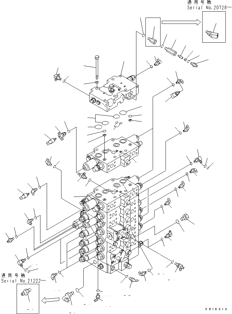 Excavators Komatsu / PC228US-3-YA S/N 20001-29999(pc228uar) / MAIN VALVE (CONNECTING PARTS) (WITH 2-PIECE BOOM)(#20001-)(150070 : H0120-01B3)