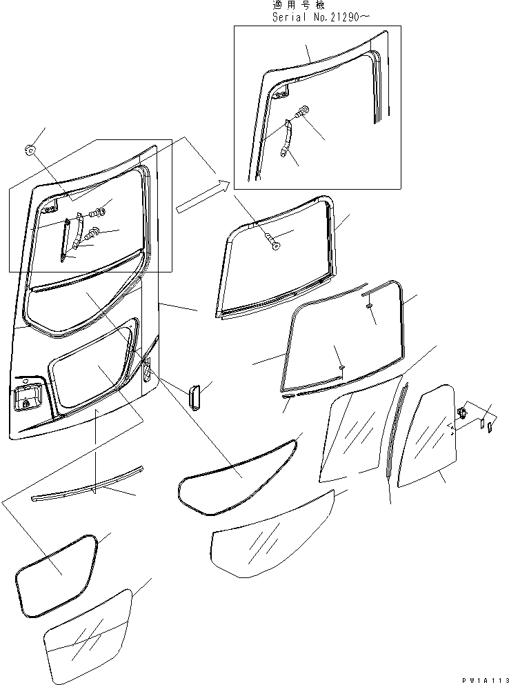 Komatsu parts book diagram for PC228USLC-3-AB S/N 20001-29999: OPERATOR'S CAB (DOOR) (WITH DOOR SASH)(#20001-)