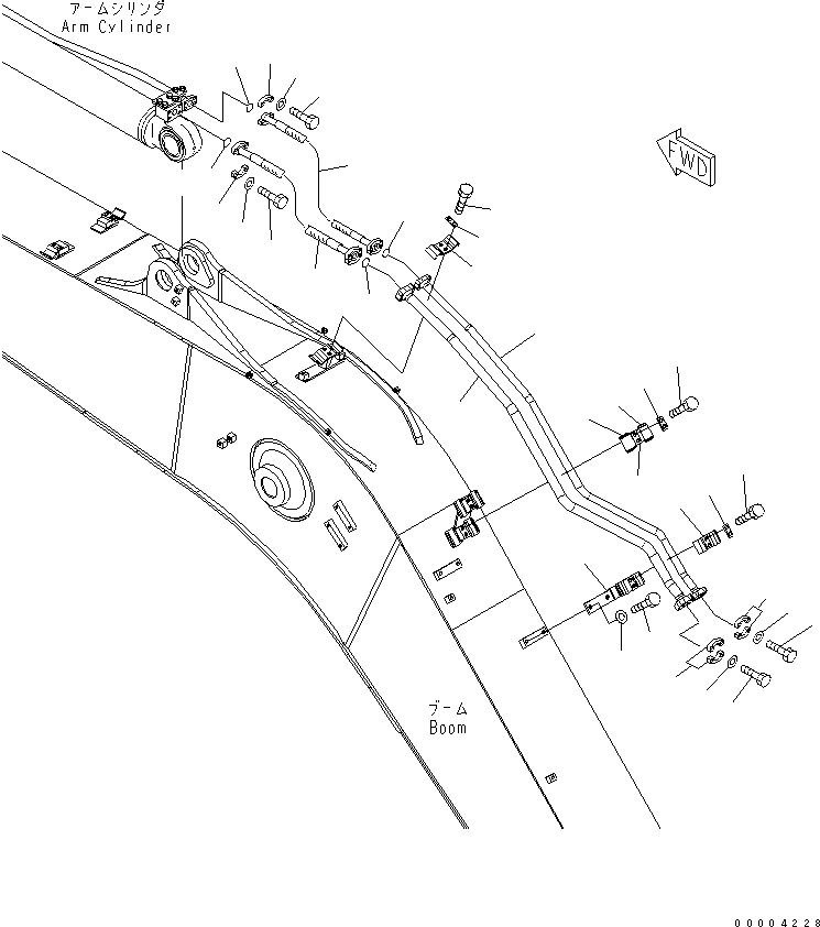 Komatsu parts book diagram for PC228US-3N-YA S/N 30001-UP: BOOM (5.7M) (ARM CYLINDER LINE) (YELLOW)
