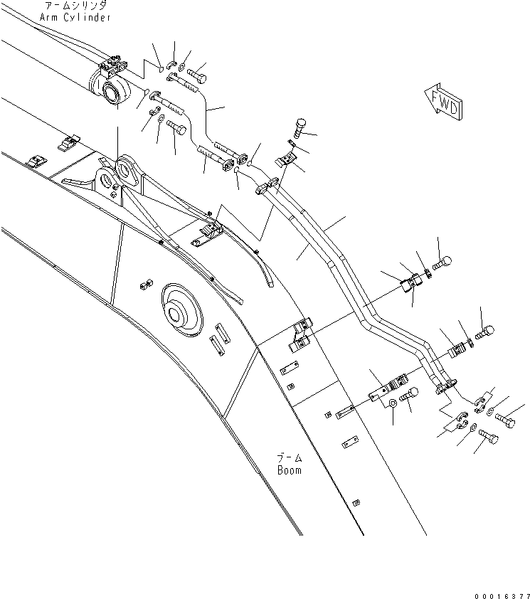 Komatsu parts book diagram for PC228US-3N-YA S/N 30001-UP: BOOM (5.7M) (ARM CYLINDER LINE) (WITH ROTATION ARM) (YELLOW)