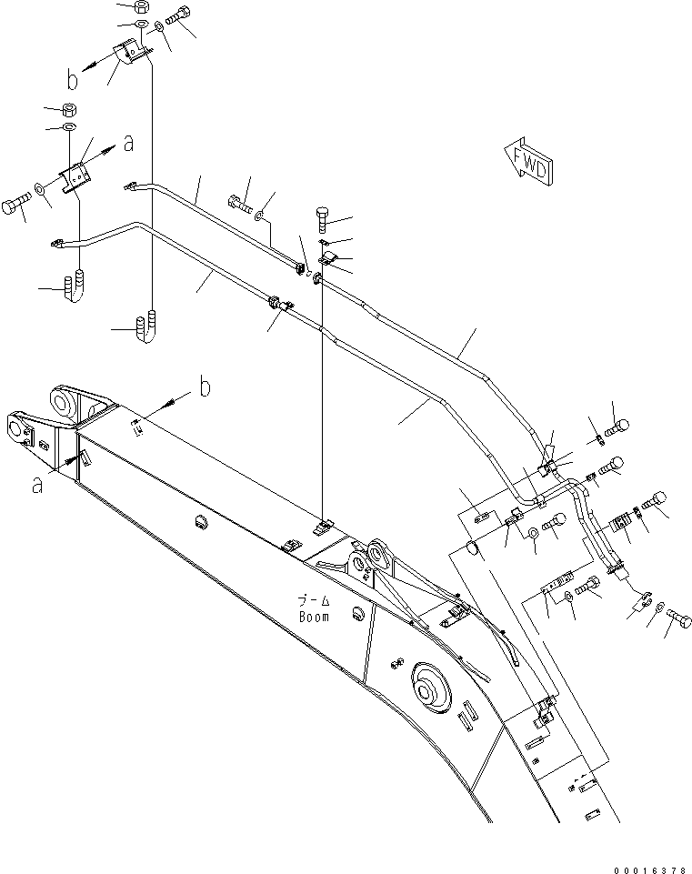 Komatsu parts book diagram for PC228US-3N-YA S/N 30001-UP: BOOM (5.7M) (BUCKET CYLINDER LINE) (WITH ROTATION ARM) (YELLOW)