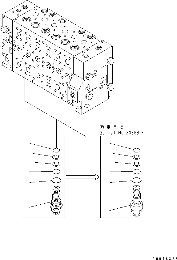Komatsu parts book diagram for PC228US-3N-YA S/N 30001-UP: MAIN VALVE (6-SPOOL) (8/16)