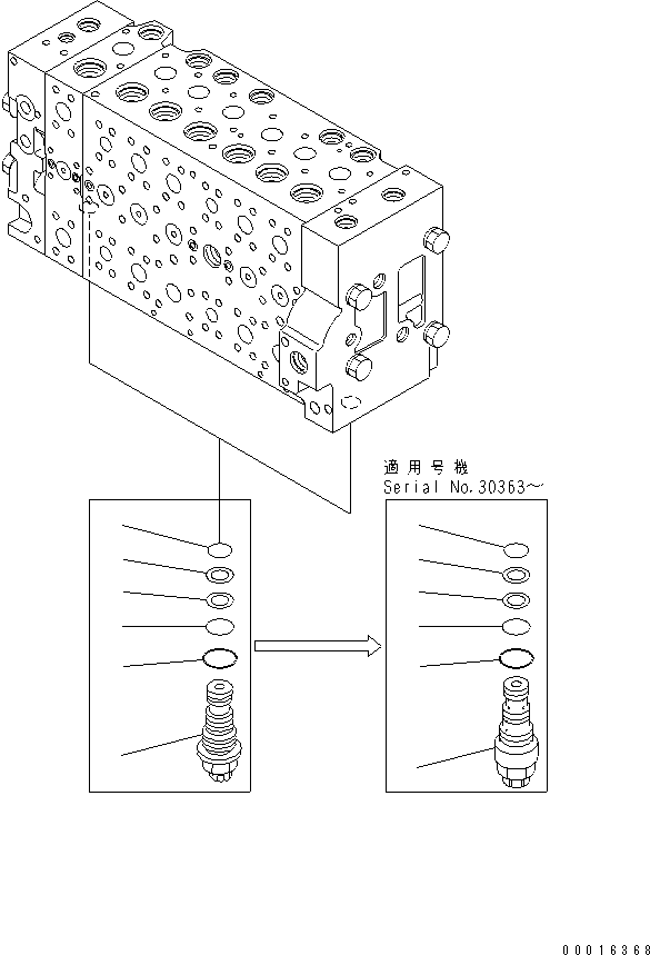 Komatsu parts book diagram for PC228US-3N-YA S/N 30001-UP: MAIN VALVE (7-SPOOL) (8/19) (ROTATION ARM)