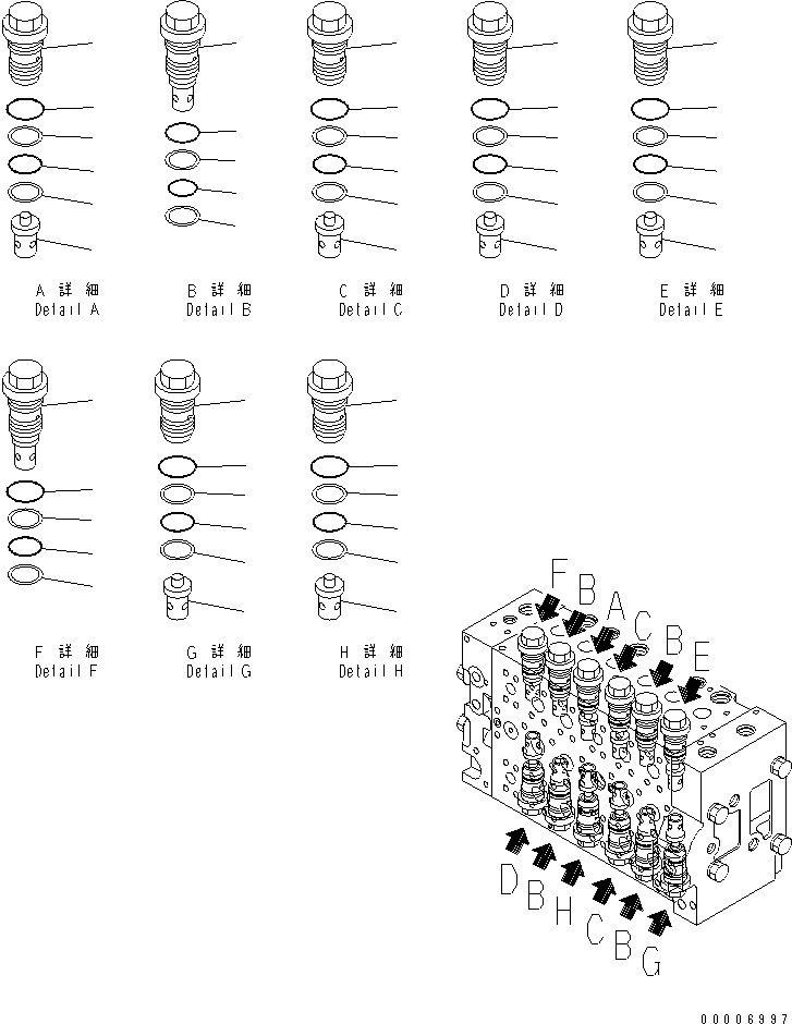 Komatsu parts book diagram for PC228USLC-3N-YA S/N 30001-UP: MAIN VALVE (6-SPOOL) (6/16)